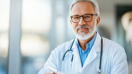 Fototapeta premium A mature doctor with glasses, wearing a white coat, stands confidently in a well-lit clinic, representing professionalism, healthcare excellence, and patient care.