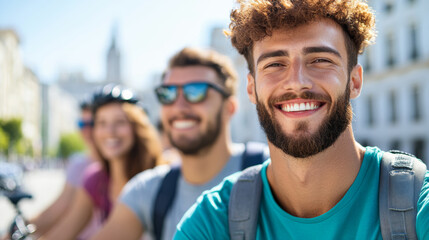 Group of friends renting bikes at a kiosk preparing for a city tour excitement and energy vibrant sunny day ideal for shared experiences and exploration 