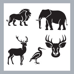 Set of silhouette logotype icons animal Lion, Elephant, Tiger, Giraffe, Kangaroo, Panda, Gorilla, dolphin, cat, deer, Polar Bear, Zebra, fox in white background