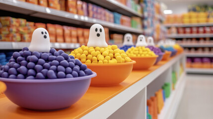 Halloween candy section with vibrant orange and purple banners, playful ghost cutouts, and overflowing bowls of sweets cheerful and inviting store setup 
