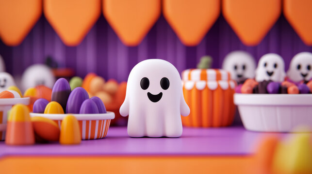 Halloween candy section with vibrant orange and purple banners, playful ghost cutouts, and overflowing bowls of sweets cheerful and inviting store setup 