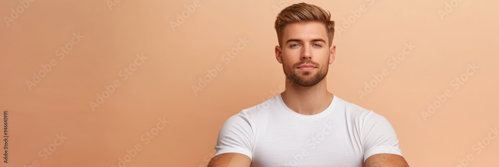 Sticker Handsome man with calm expression sitting cross-legged in meditation pose on a soft pastel background warm tones highlighting peaceful and serene atmosphere with light gradients behind him 