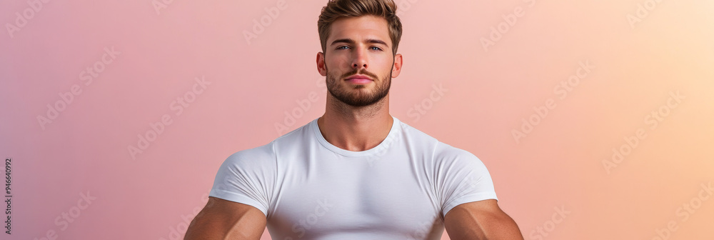 Wall mural Handsome man with calm expression sitting cross-legged in meditation pose on a soft pastel background warm tones highlighting peaceful and serene atmosphere with light gradients behind him 