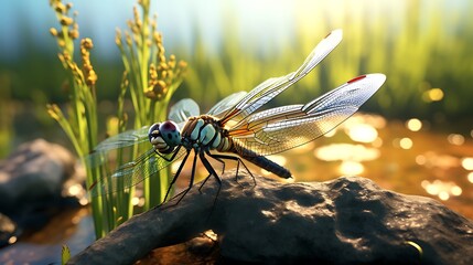 Naklejka premium An artistic composition showcasing a dragonfly's wings against a natural backdrop, emphasizing the delicate beauty and transparency in