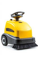 Heavy-duty industrial floor scrubber with rotating brushes and sturdy design, yellow and gray body, isolated on a white background, space for text 