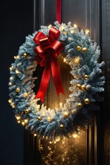 Elegant Christmas Wreath with Red Bow, Gold Ornaments, and Twinkling Lights on a Dark Background