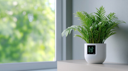 Fototapeta premium High-tech PVC window frame with integrated smart sensors displaying energy usage data on a digital screen innovative home automation and eco-friendly design 