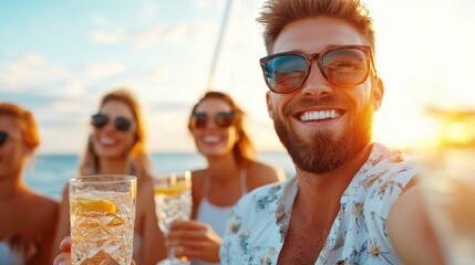 A group of friends joyfully sipping cocktails and enjoying their time on a boat, with a focus on the man in sunglasses, exuding happiness and a lively atmosphere.