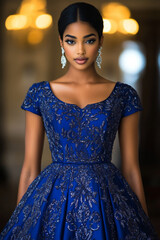 Fototapeta premium Indian wedding reception gown fusion wear mixing traditional embroidery with a Western silhouette in royal blue and silver styled with glamorous accessories and backdrop 