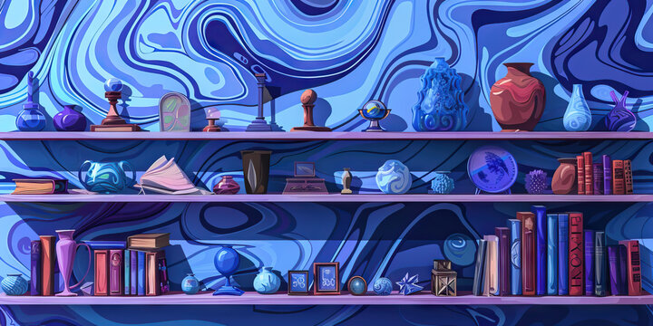 A disorganized shelf, its assortment of knick-knacks and books contrasting against an abstract blue and purple swirled pattern.