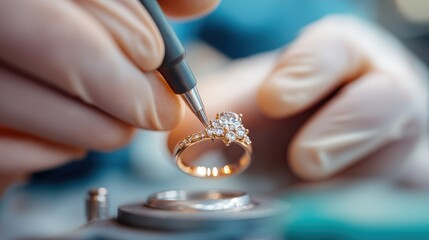 A jeweler using specialized tools for meticulous work on an intricate diamond ring, highlighting the skills and precision necessary for creating exquisite pieces of jewelry.