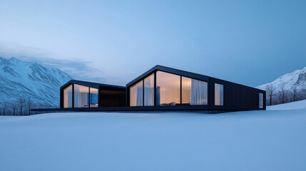 Fototapeta premium Luxury modern cabins with large glass windows overlooking snowy mountains ski slopes nearby stylish architecture blending with the winter landscape crisp and serene atmosphere 