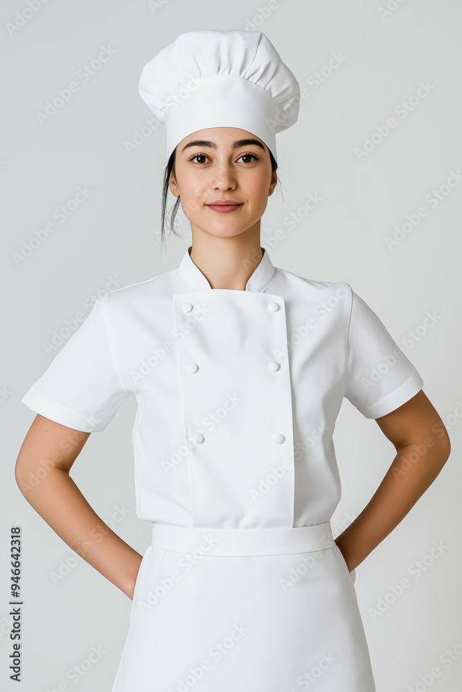 Wall mural Minimalist chef outfit pure white with simple lines and no embellishments clean aesthetic against a soft gradient light gray background 