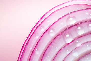 macro view of onion layers with dew drops on pink background