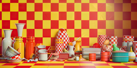 A cluttered table, its various items and containers creating a vibrant display against an abstract red and yellow checkered backdrop.