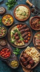 Fototapeta premium A beautifully arranged table features a variety of Arabic dishes, highlighting colorful salads, grilled meats, and aromatic rice for sharing