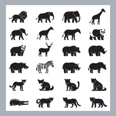 Set of silhouette logotype icons animal Lion, Elephant, Tiger, Giraffe, Kangaroo, Panda, Gorilla, dolphin, cat, deer, Polar Bear, Zebra, fox in white background