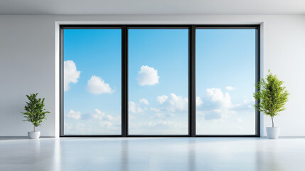 Modern PVC window with triple-glazed glass reflecting a blue sky smart ventilation system and weather-resistant technology energy efficiency at its finest 
