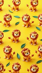 Naklejka premium Cute cartoon lions with green leaves on a yellow background 