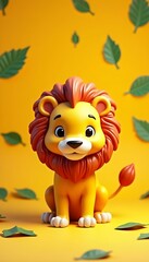 Cute cartoon lions with green leaves on a yellow background 