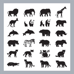 Set of silhouette logotype icons animal Lion, Elephant, Tiger, Giraffe, Kangaroo, Panda, Gorilla, dolphin, cat, deer, Polar Bear, Zebra, fox in white background