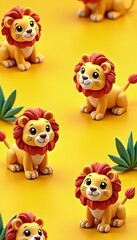 Naklejka premium Cute cartoon lions with green leaves on a yellow background 