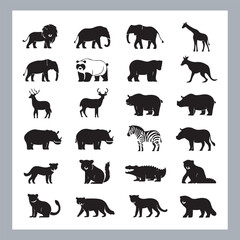 Set of silhouette logotype icons animal Lion, Elephant, Tiger, Giraffe, Kangaroo, Panda, Gorilla, dolphin, cat, deer, Polar Bear, Zebra, fox in white background