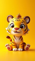 Cute cartoon tiger isolated at yellow background 