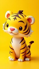 Cute cartoon tiger isolated at yellow background 