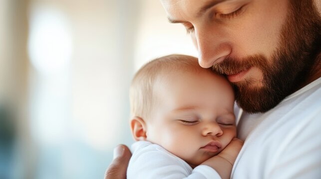 A man is gently holding a sleeping baby close to his chest, capturing a tender moment of fatherly love and protection. The ambiance is serene and filled with warmth.