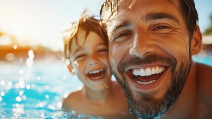A father and his young son smile joyfully at the camera while enjoying their time in an outdoor pool, capturing a moment of shared happiness and bonding during summer fun.
