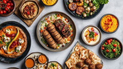 An array of traditional Arabic dishes beautifully presented, featuring colorful salads, rich stews, and flavorful breads, perfect for sharing