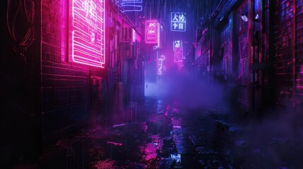 Naklejka premium moody cyberpunk alleyway with neon lights and dark atmosphere futuristic city scene