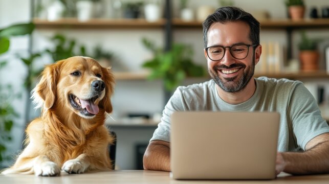 A smiling man with his cheerful golden retriever share a moment of joint focus on a laptop in a bright, well-decorated home environment, creating a warm and inviting scene.