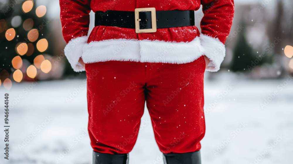 Poster raditional Christmas outfit with a man in a red Santa suit complete with black boots and belt festive scene with snow and holiday lights surrounding him 