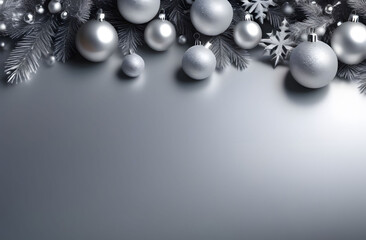 Christmas silver background with balls, branches of the Christmas tree and snowflakes, located at the top, plenty of free space for text. A festive winter backdrop for your business.