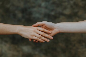 Two hands reaching towards each other, symbolizing connection, support, and unity in a serene and natural setting.