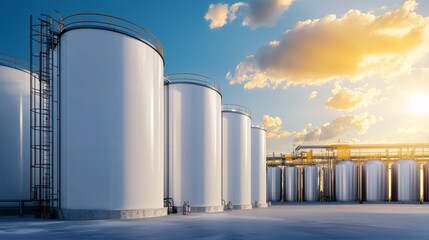 Obraz premium A chemical storage facility, with large tanks containing industrial chemicals and safety systems in place