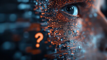 A striking image of a half-human, half-digital face with an integrated circuit design, representing the fusion of humanity and technology with an artistic flair.