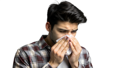 A man sneezes and blows his nose with a tissue.