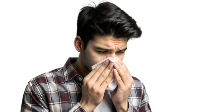 A man sneezes and blows his nose with a tissue.