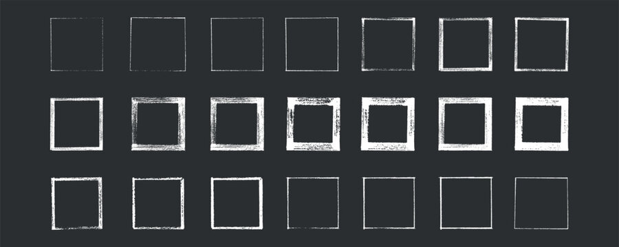 Chalk or crayon hand drawing frames set. Grunge rectangle and square shape. Vector stock illustration isolated on black background for design template social media files, print and photo materials