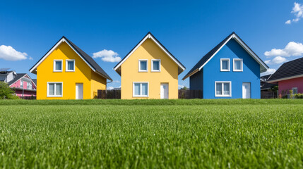 Row of colorful rental houses with neatly trimmed lawns bright sunny day community vibes perfect neighborhood for families spacious and inviting 