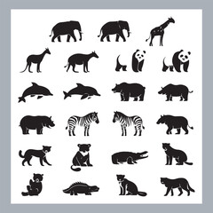 Naklejka premium Set of silhouette logotype icons animal Lion, Elephant, Tiger, Giraffe, Kangaroo, Panda, Gorilla, dolphin, cat, deer, Polar Bear, Zebra, fox in white background
