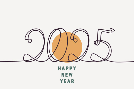 2025 Happy New Year. text. By drawing one line of art in a continuous drawing style. Orange circle - sunrise. vector illustration isolated on a light background