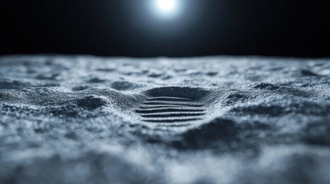 Close-up of a single footprint on a moonlike surface illuminated by a bright light source in the distance, giving the feeling of solitude and exploration in a desolate terrain. - Powered by Adobe