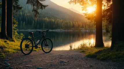 Obraz premium Scenic shot of a lone rental bike parked beside a sunlit lakeside path surrounded by tall trees golden hour glow peaceful outdoor exploration 