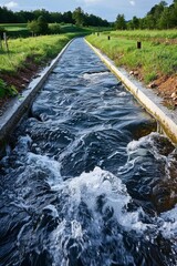 Fototapeta premium Water flows rapidly through a concrete channel in a rural setting