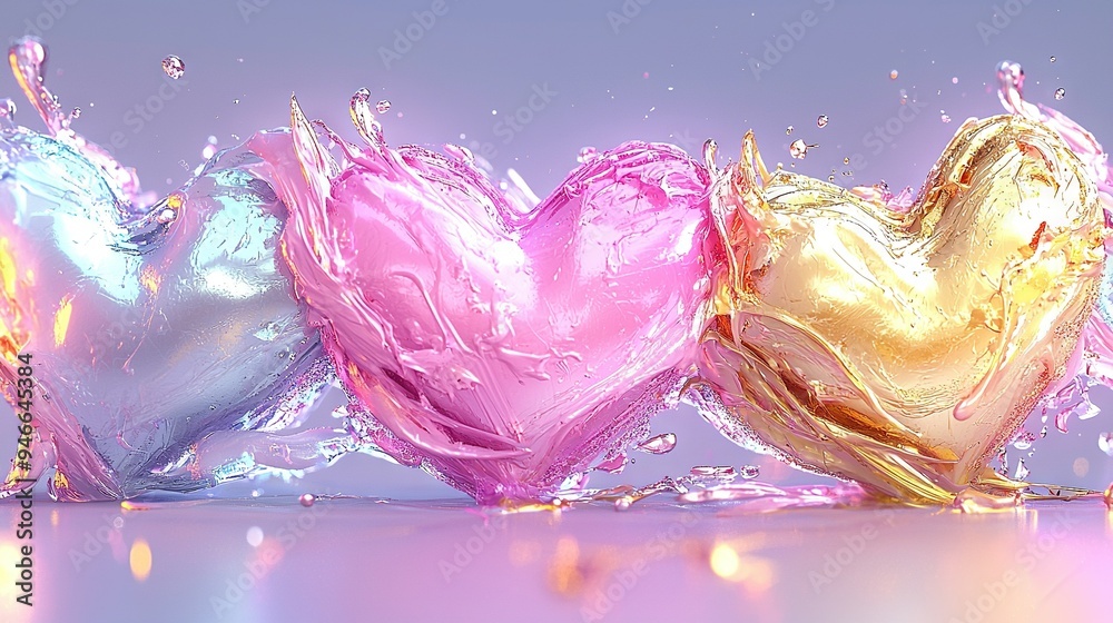 Canvas Prints   Three heart-shaped balloons float on a blue and pink surface, with water splashing on them