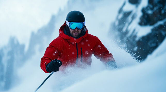 Skier descending a narrow chute in a backcountry terrain snow spraying sharp rock walls on either side intense and challenging freeride experience 